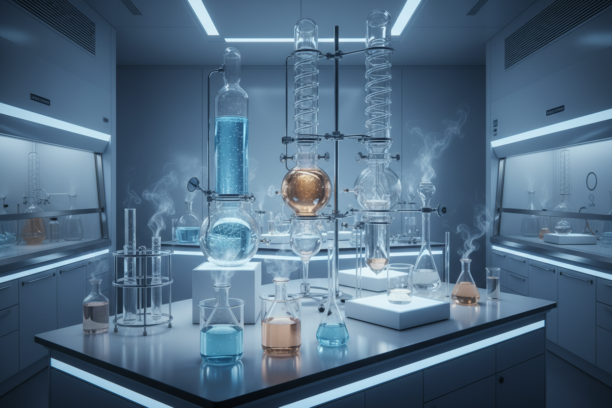 Ultra-modern chemical aroma laboratory interior, cool blue ambient lighting, glass reactors and distillation columns, transparent beakers with aromatic liquids, soft vapor rising, stainless steel lab equipment, clean white, silver and subtle blue color palette, luxury perfume laboratory aesthetic, scientific yet elegant atmosphere, cinematic lighting, shallow depth of field, ultra-high resolution, photorealistic, minimal background, premium brand feeling